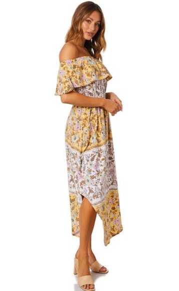O’NEILL Ziggi Sunshine Yellow Boho Floral Boho Off The Shoulder Midi Dress NWT - Picture 2 of 14